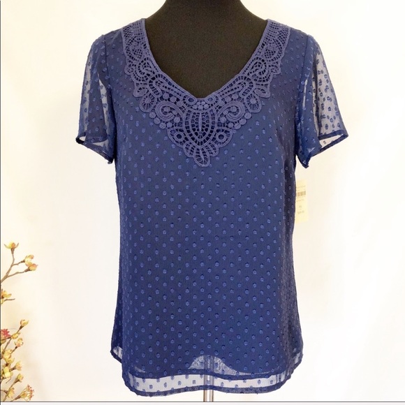 Coldwater Creek Navy Appliqué Swiss Dot Blouse in navy. Very feminine. - Picture 5 of 7